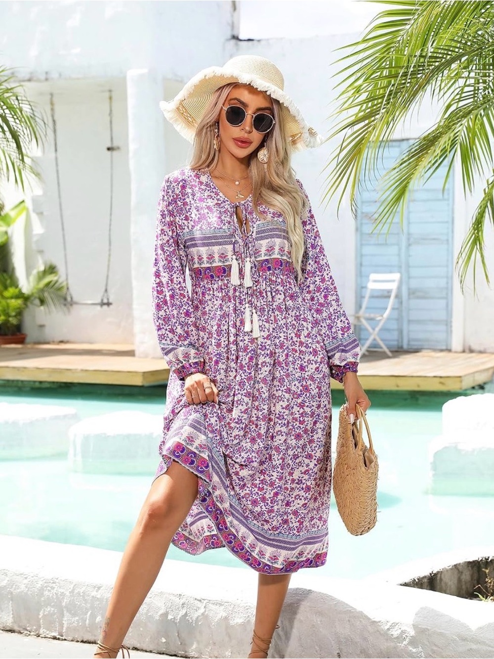 BOHO Rayon Folk Floral Tassel Dress